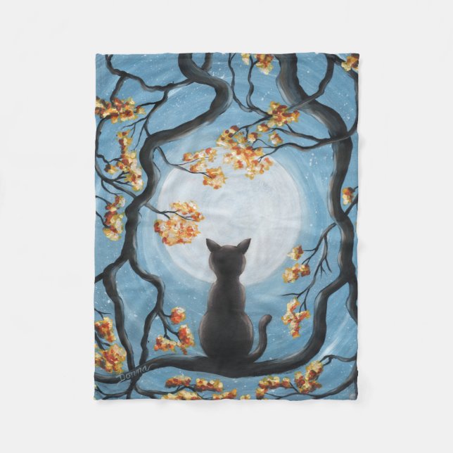 Wunderliche Katze in der Baum-Vollmond-Malerei Fleecedecke (Vorderseite)