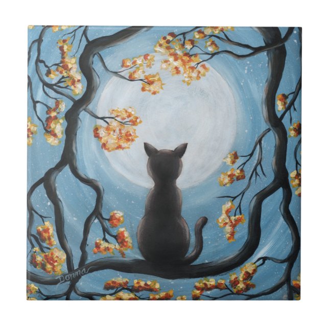 Wunderliche Katze in der Baum-Vollmond-Malerei Fliese (Vorderseite)