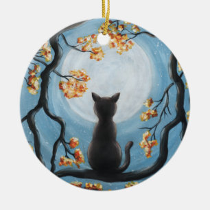 Wunderliche Katze in der Baum-Vollmond-Malerei Keramik Ornament