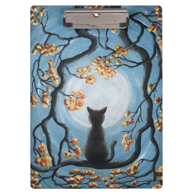 Wunderliche Katze in der Baum-Vollmond-Malerei Klemmbrett (Vorderseite)
