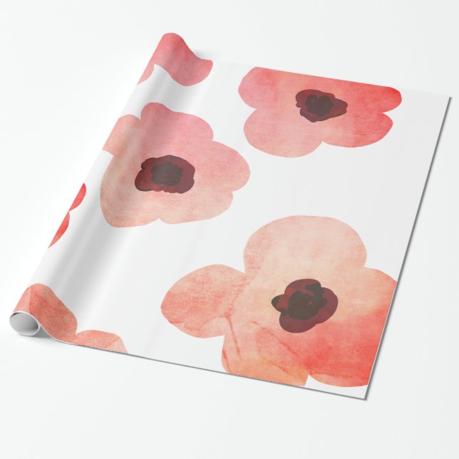 Wunderliche korallenrote Watercolor-Blumen modern Geschenkpapier (Ungerollt)