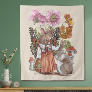 Wunderliche Schmetterlings-Hasen-Fee Aquarell Wandteppich