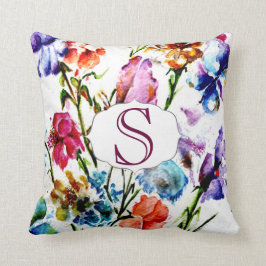 Wunderliche Watercolor-Blumen mit Monogramm Kissen
