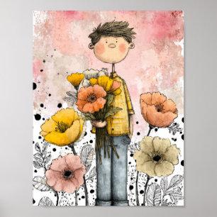 Wunderlicher Junge Wasserfarbe mit floralen Akzent Poster
