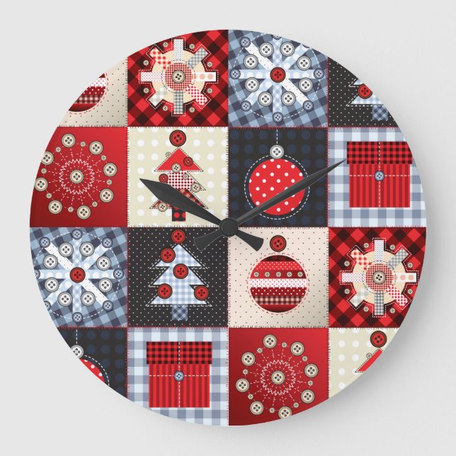 Wunderliches Gingham-WeihnachtsPatchwork Qui Große Wanduhr (Vorderseite)