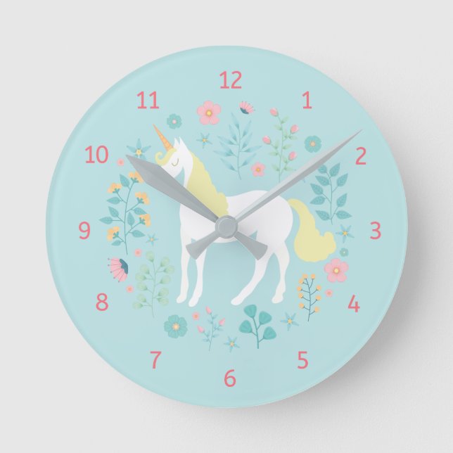Wunderliches Unicorn-u. Blumen-Aqua Runde Wanduhr (Vorderseite)