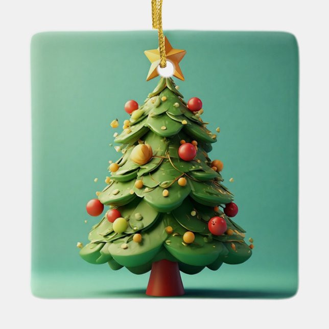 Wunderschön dekoriert Weihnachtsbaum Keramikornament (Vorderseite)