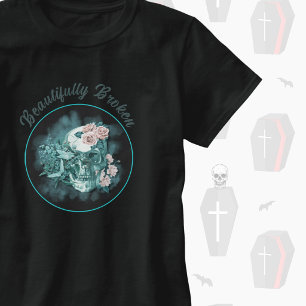 Wunderschön gebrochener Türkis-Schädel mit Rosen T-Shirt