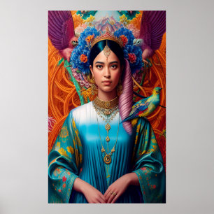 Wunderschöne asiatische Prinzessin mit Vögeln Poster