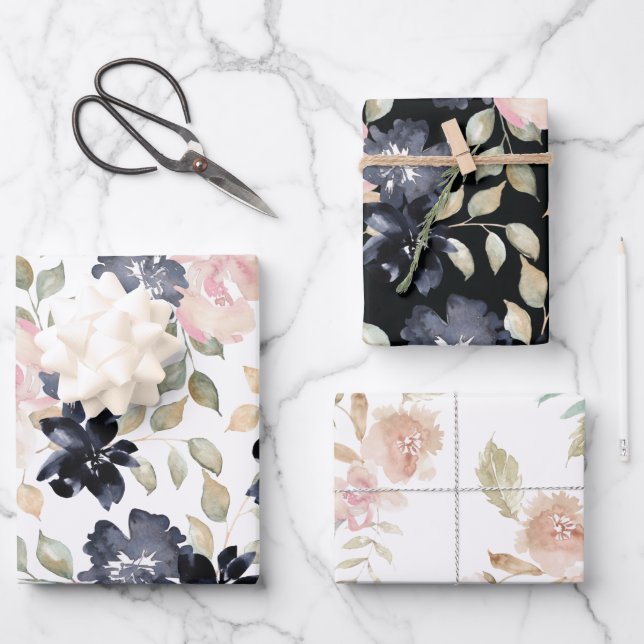 wunderschöne, bemalte Aquarellfarben-Blume Geschenkpapier Set (Vorderseite)