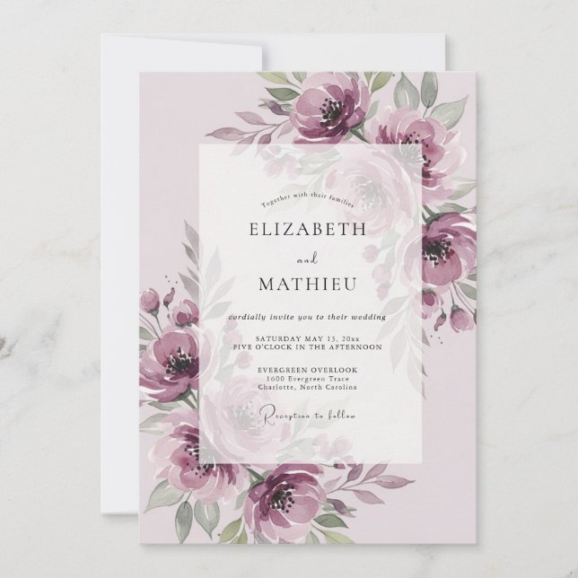 Wunderschöne Botanische Mauve-Hochzeit Einladung (Vorderseite)