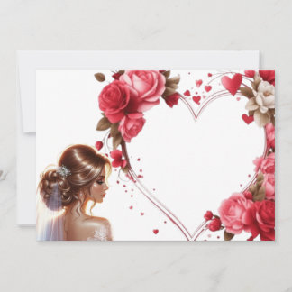 Wunderschöne Braut mit rosa Rosen Herz Einladung