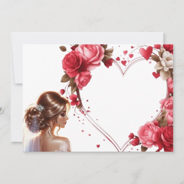 Wunderschöne Braut mit rosa Rosen Herz Einladung (Vorderseite)