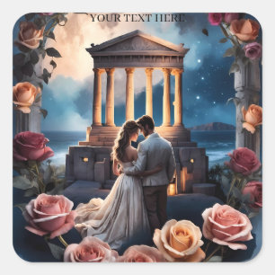 Wunderschöne Braut und Bräutigam stehen am Meer Quadratischer Aufkleber