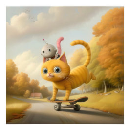 Wunderschöne Cat & Little Robot: Skateboardfähigke Fotodruck