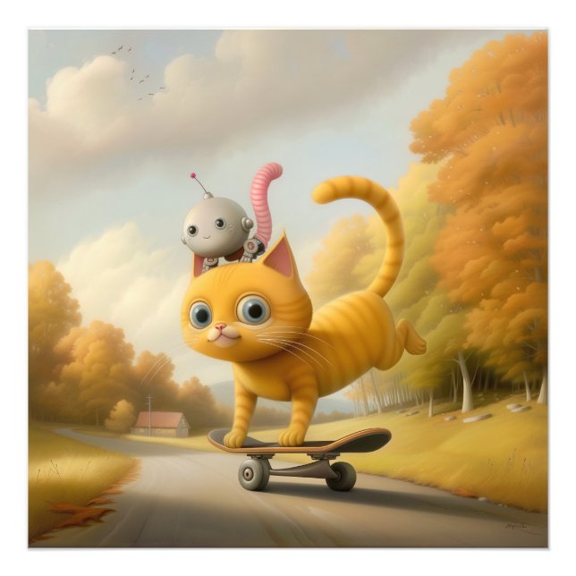 Wunderschöne Cat & Little Robot: Skateboardfähigke Fotodruck (Vorne)