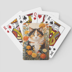 Wunderschöne dreifarbige Katze mit Ringelblumen Spielkarten