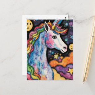 Wunderschöne farbenfrohe kindliche Fantasy-Einhorn Postkarte