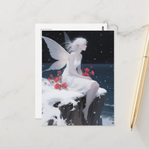 Wunderschöne Fee im weißen Kleid sitzt auf einer K Postkarte