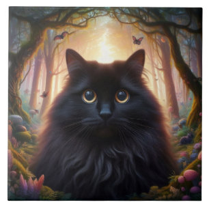 Wunderschöne flauschige schwarze Katze mit goldene Fliese