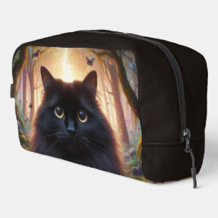Wunderschöne flauschige schwarze Katze mit goldene Waschbeutel