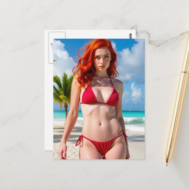 Wunderschöne Frau in einem roten Bikini  Postkarte (Vorderseite/Rückseite Beispiel)