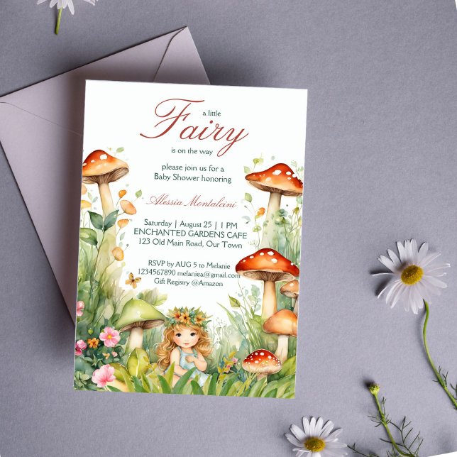 Wunderschöne Gartenmärchendusche Einladung (Enchanted garden cute fairy baby shower invitation editable template download forest mushrooms)