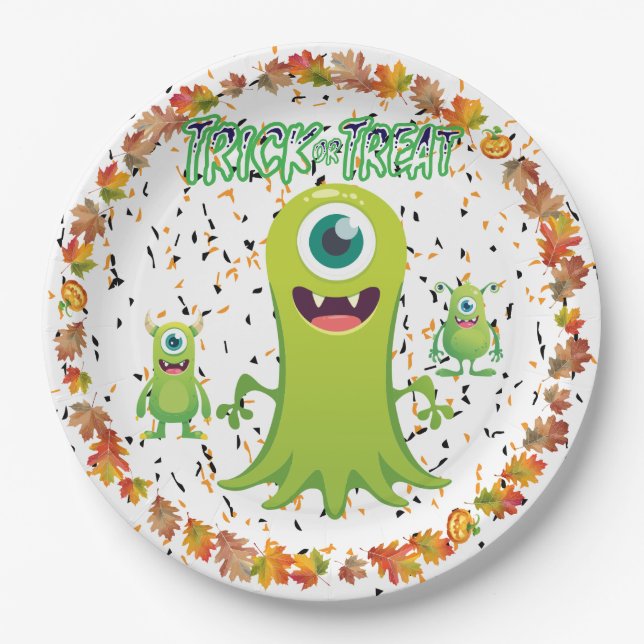 Wunderschöne Halloween-Gruppe von kleinen Monstern Pappteller (Vorderseite)