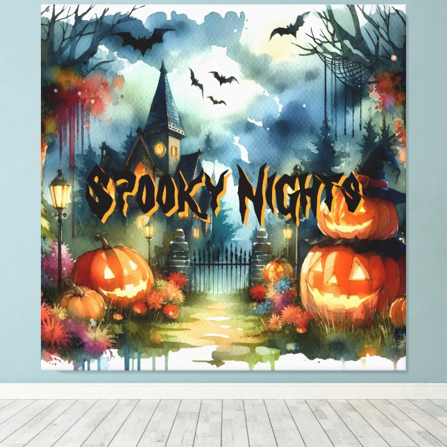 Wunderschöne Halloween Landschaft Wasserfarbe Leinwanddruck (Insitu (Holzboden))