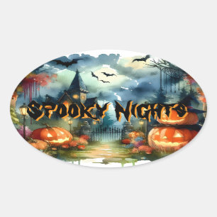 Wunderschöne Halloween Landschaft Wasserfarbe Ovaler Aufkleber