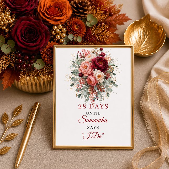 Wunderschöne herbstliche Hochzeitsdusche in tiefem Poster (Lovely deep red floral autumn bridal shower countdown sign decor

)