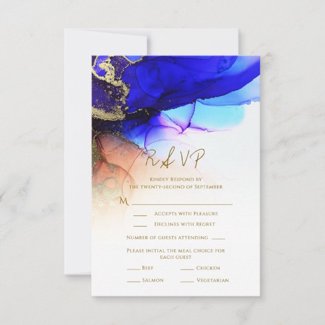 Wunderschöne Indigo Blue Orange Gold Wedding RSVP  Karte (Vorderseite)