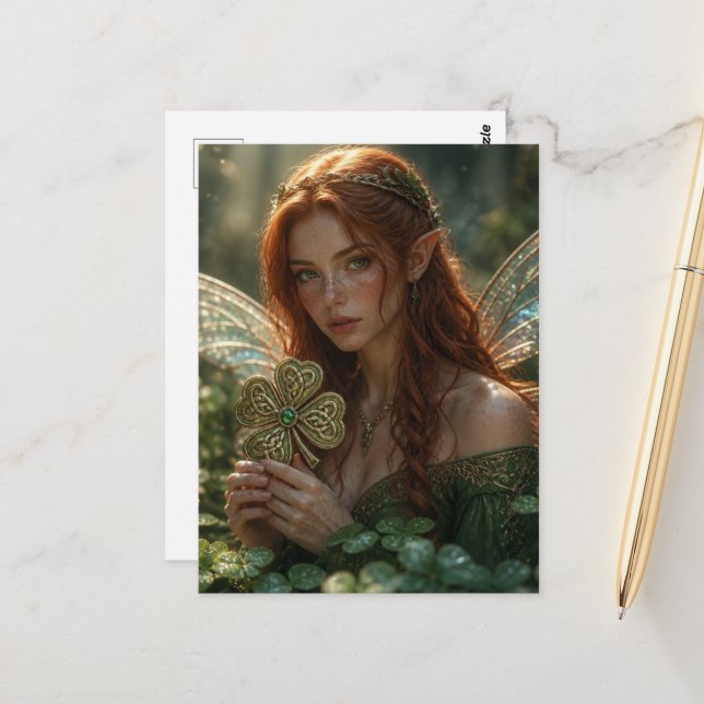 Wunderschöne irische Fee und Shamrocks Postkarte (Vorderseite/Rückseite Beispiel)