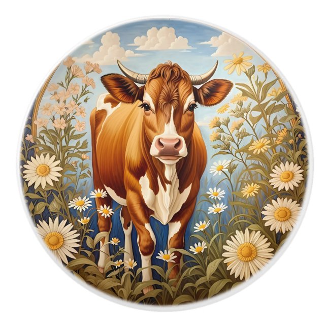 Wunderschöne Jersey-Kuh im Daisy-Feld Vintag Keramikknauf (Vorderseite)