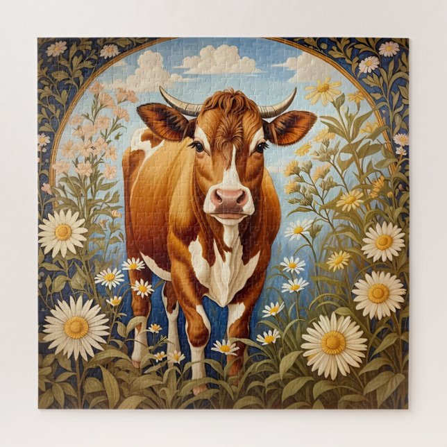 Wunderschöne Jersey-Kuh im Daisy-Feld Vintag Puzzle (Vertikal)