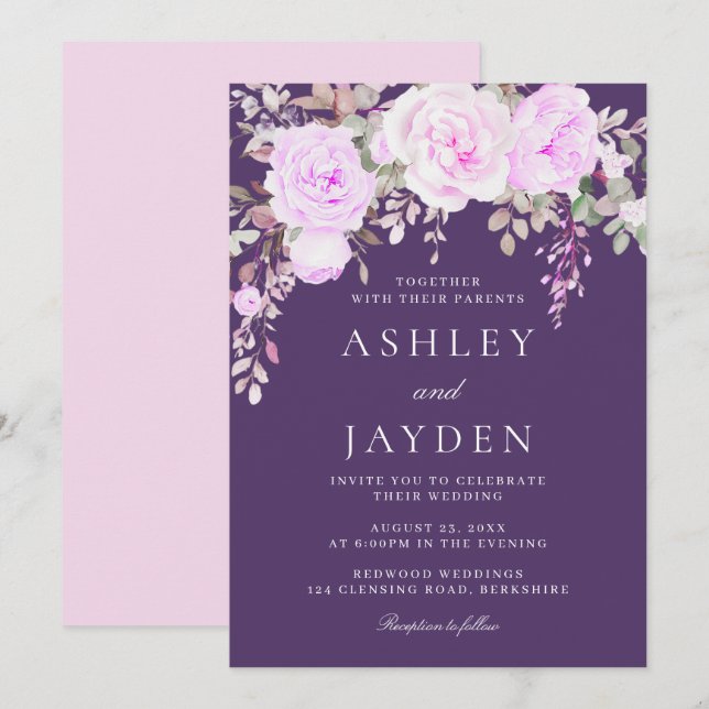 Wunderschöne Lila und violette Blumenhochzeit Einladung (Vorne/Hinten)
