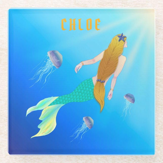 Wunderschöne Meerjungfrau mit Golden Hair Glass Un Glasuntersetzer (Vorderseite)