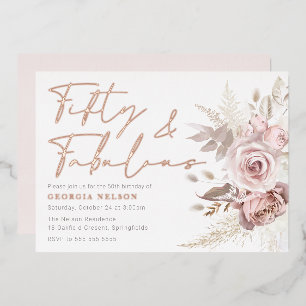Wunderschöne rosa Blumen 50. Geburtstag Roségold Folieneinladung