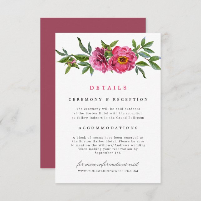 Wunderschöne rosa Peonies Blumenzwiebeldetails Einladung (Vorne/Hinten)