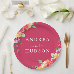 Wunderschöne rosa Wasserfarben-Blumen-Hochzeit Pappteller