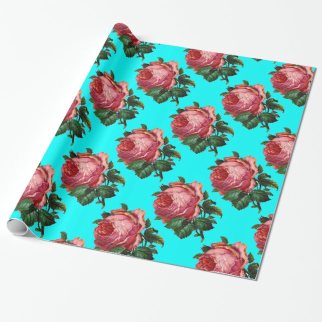 WUNDERSCHÖNE ROSES, Türkisches Aquamarines Blau Geschenkpapier (Ungerollt)