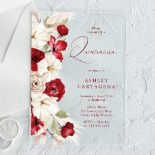 Wunderschöne rote und weiße Blumen-Quinceanera Acryleinladungen
