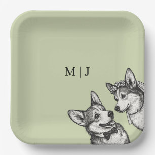 Wunderschöne Salbeigrüne - Whimsical Corgi Hochzei Pappteller