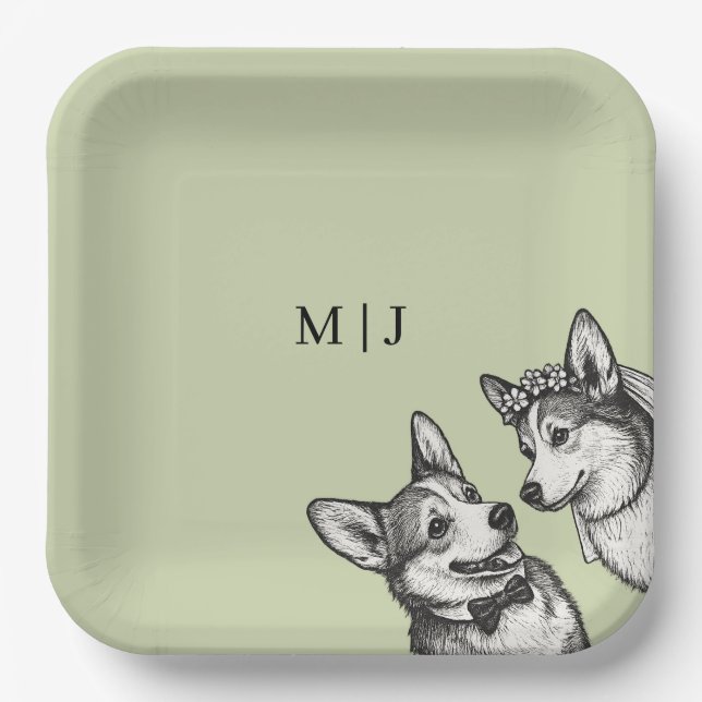 Wunderschöne Salbeigrüne - Whimsical Corgi Hochzei Pappteller (Vorderseite)