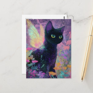 Wunderschöne schwarze Katze mit Feenflügeln Postkarte