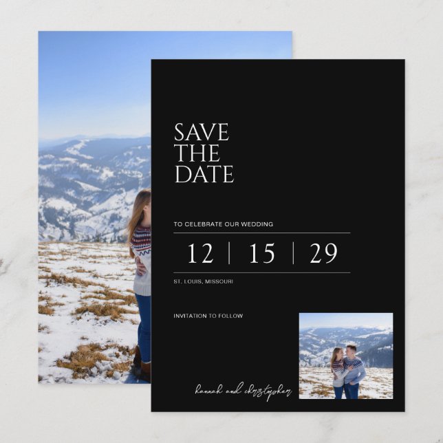 Wunderschöne schwarze und weiße Hochzeit Save The Date (Vorne/Hinten)