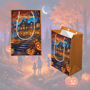 Wunderschöne Villa im Wald, Kürbisse, Halloween Mittlere Geschenktüte