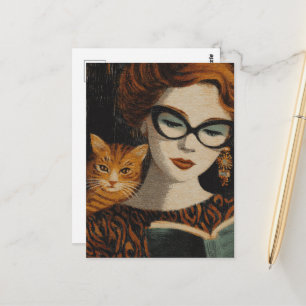 Wunderschöne Vintage-Dame und ihre Katze beim Lese Postkarte
