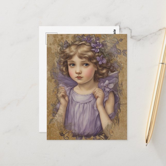 Wunderschöne Vintage-Fee und lila Blumen Postkarte (Vorderseite/Rückseite Beispiel)