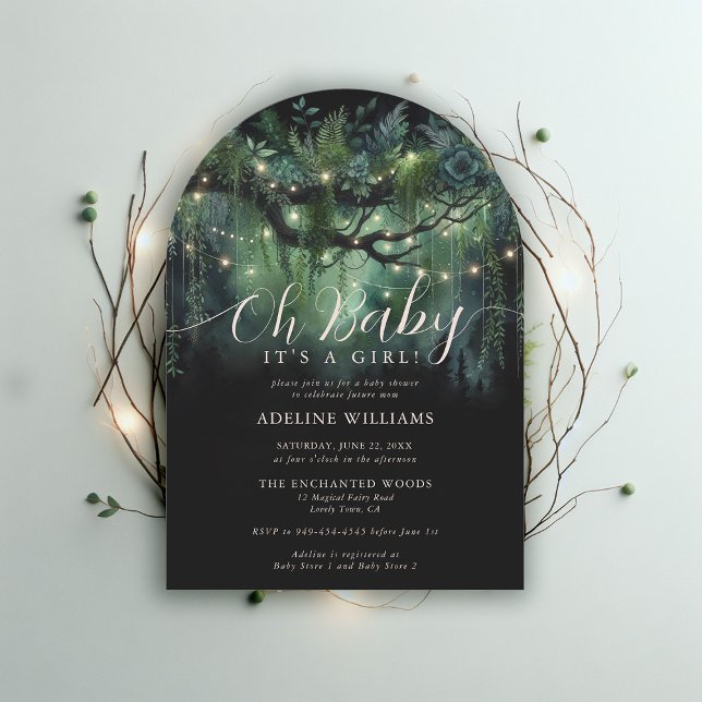 Wunderschöne Walddusche aus Holz Einladung (enchanted forest baby shower emerald green boho arch magical woodland fairy tale faerie invitation)